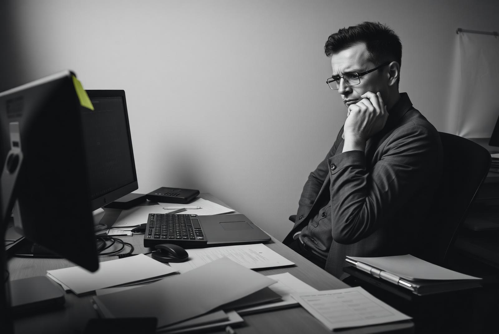 A stressed business owner at a desk with paperwork and a quiet phone, waiting for leads
